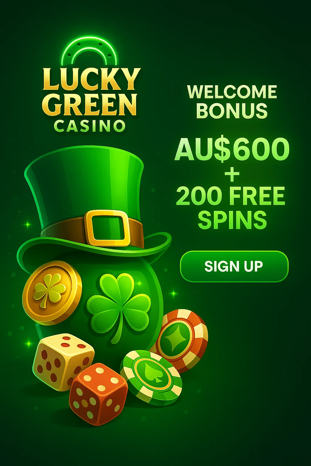 Lucky Green Casino AU mobile interface preview - clean layout and green glow
