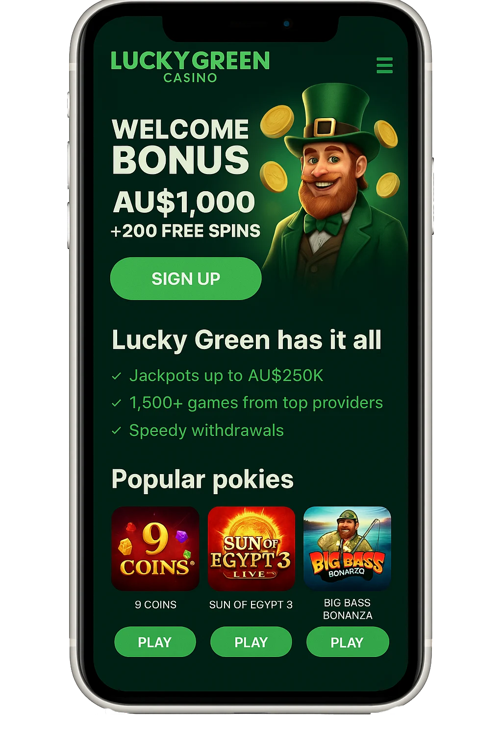 Lucky Green AU - mobile interface on iPhone & Android